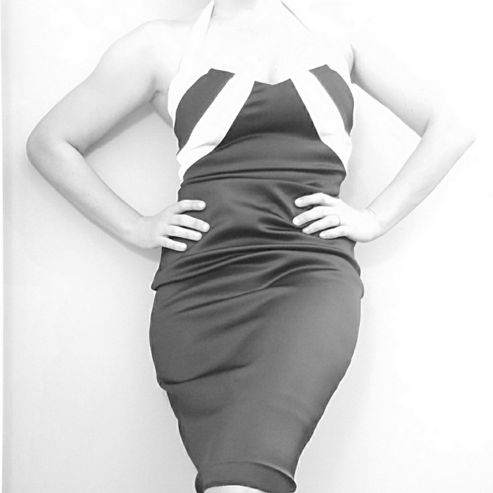 Cache Tuxedo Ruched Halter Satin Cocktail Dress C… - image 1